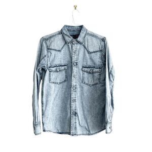 Retro Mens Button Down Denim Shirt Long Sleeve Chest Pockets Light Wash Small